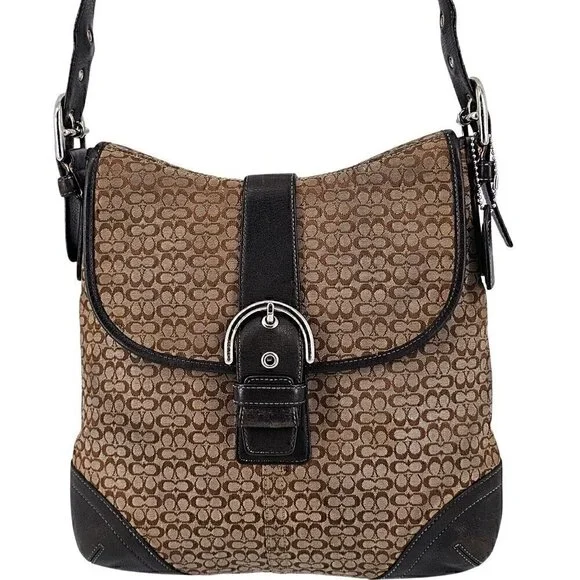COACH 6376 Soho Brown Signature Monogram Logo Jacquard Leather Shoulder Bag - Picture 1 of 12